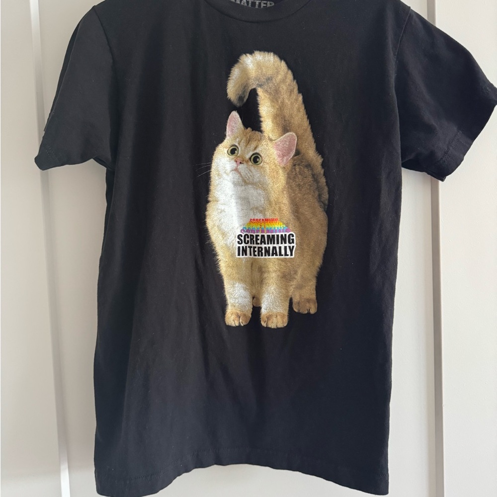 Black Matter Black Tee with Tan Cat Graphic Screaming Internally
